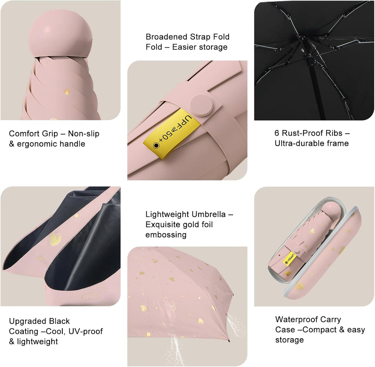 Mini Travel Umbrella, UPF 50+ Purse Umbrella with Case and Carabiner