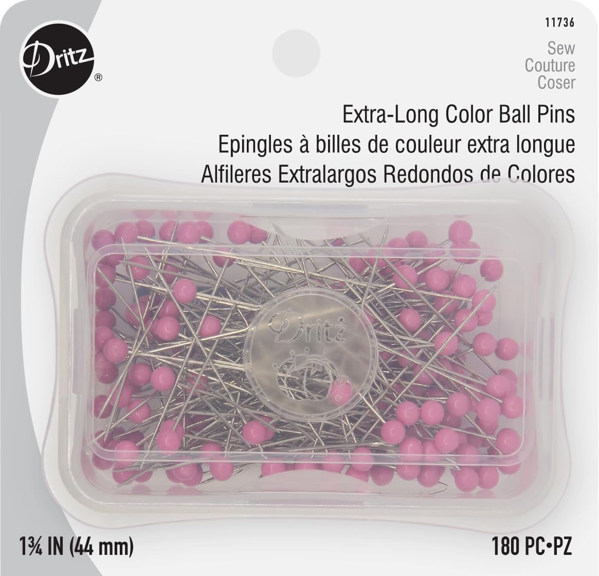 1-3/4" Extra-Long Color Ball Straight Pins, 180 Count, Pink