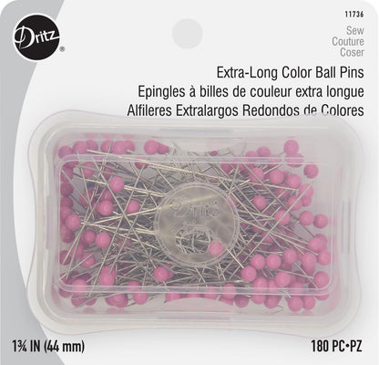 1-3/4" Extra-Long Color Ball Straight Pins, 180 Count, Pink