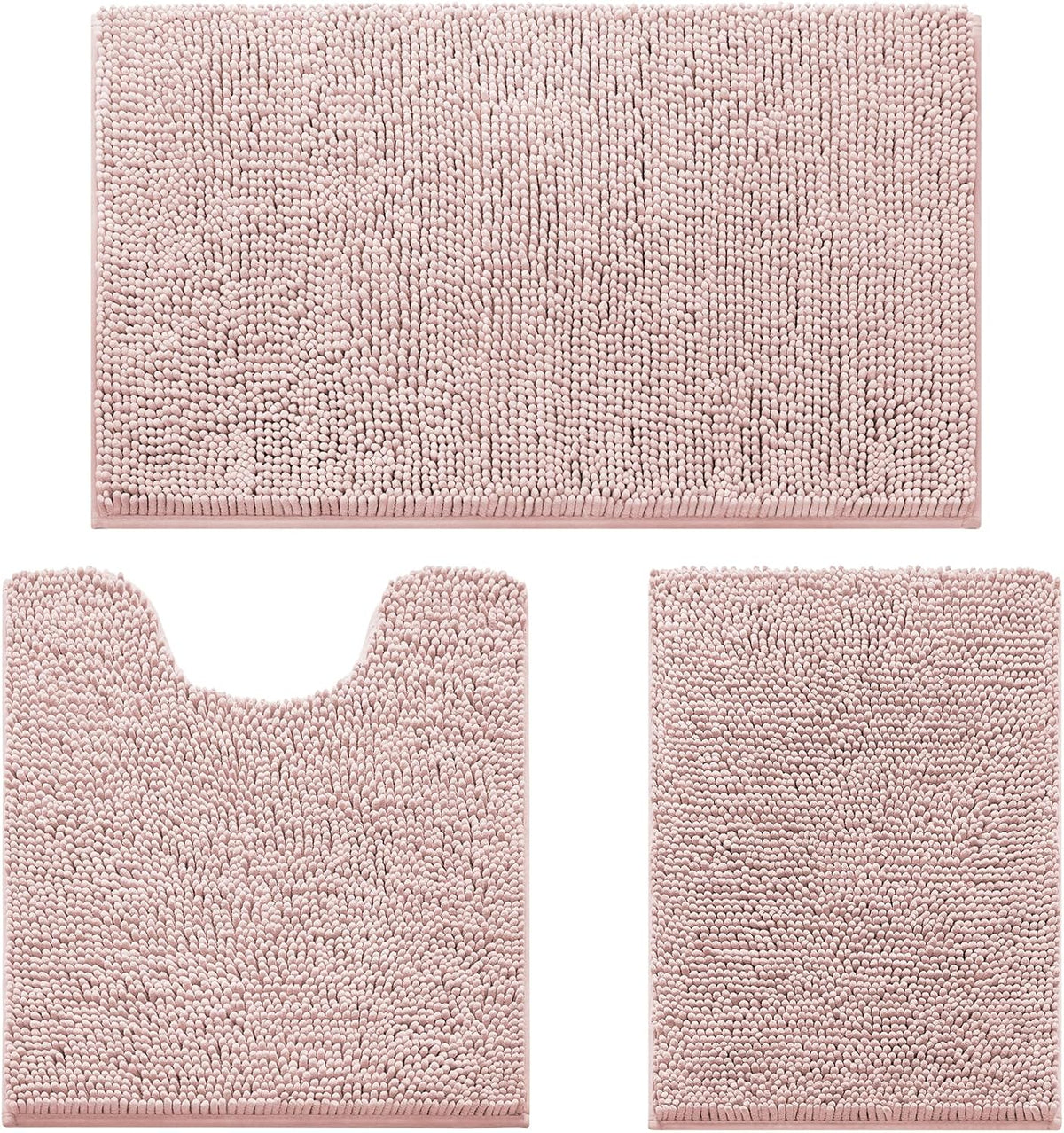Dusty Pink Chenille Bathroom Rugs Set of 3, Non Slip Bath Mat