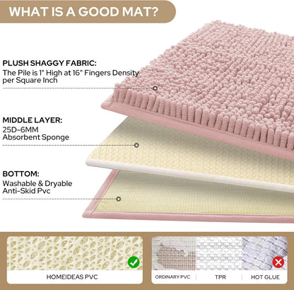 Dusty Pink Chenille Bathroom Rugs Set of 3, Non Slip Bath Mat