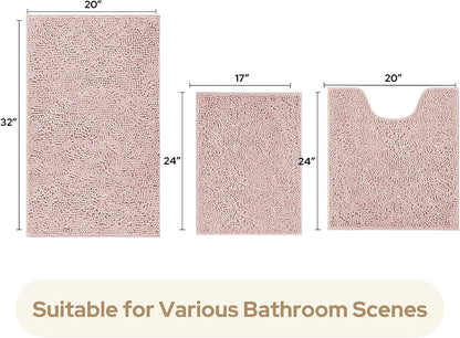 Dusty Pink Chenille Bathroom Rugs Set of 3, Non Slip Bath Mat
