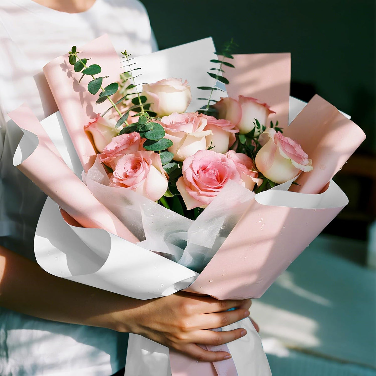 20 Sheets Flower Wrapping Paper - 22.4 x 22.4 inch Pink White Color Water-Resistant Floral Bouquet Wrapping Paper, Florist Supplies Packaging for Wedding Birthday Gift DIY