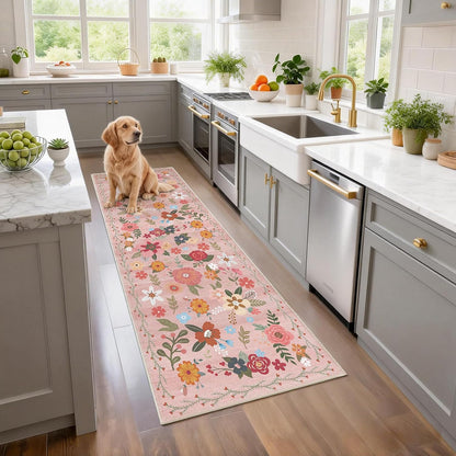 2x6 Washable Runner Rug Non-Slip - Floral Kitchen Rugs Stain Resistant Soft Low Pile Floor Runner for Hallway Indoor Entryway Bedroom Laundry Room（Pink，2x6）