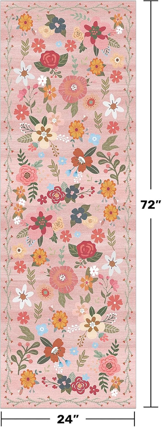 2x6 Washable Runner Rug Non-Slip - Floral Kitchen Rugs Stain Resistant Soft Low Pile Floor Runner for Hallway Indoor Entryway Bedroom Laundry Room（Pink，2x6）