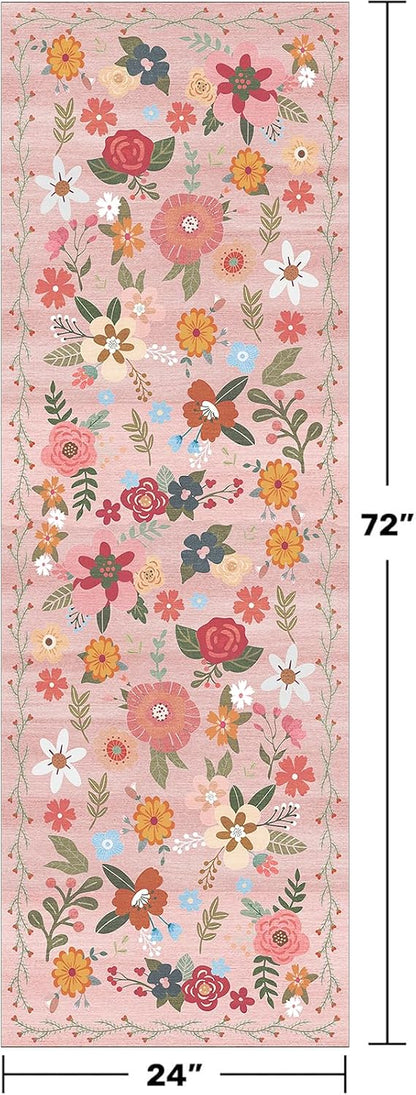 2x6 Washable Runner Rug Non-Slip - Floral Kitchen Rugs Stain Resistant Soft Low Pile Floor Runner for Hallway Indoor Entryway Bedroom Laundry Room（Pink，2x6）