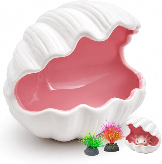 Axolotl Tank Accessories - Extra Large Ceramic Fish Tank Cave with 2PCS Artificial Plants, Double Sided Glaze Shell Shape Hideout, Aquarium Hides Cave Decor Shelter for Betta, Pet Frog, Fish(Pink)
