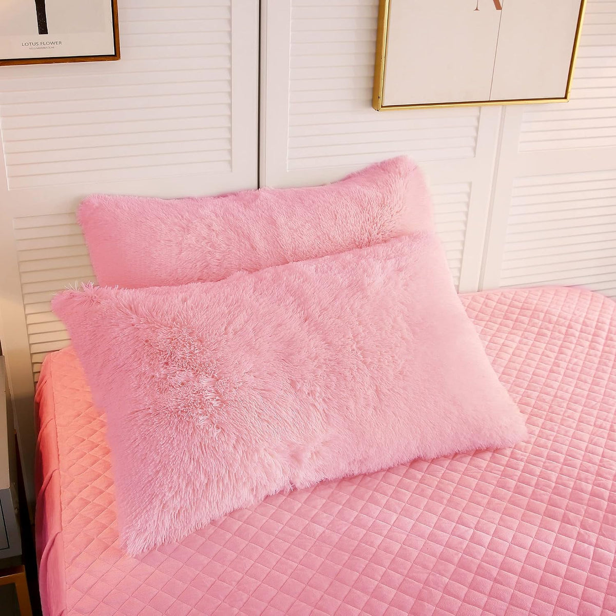 Fluffy Faux Fur Standard Pillow Cases Set of 2, Pink