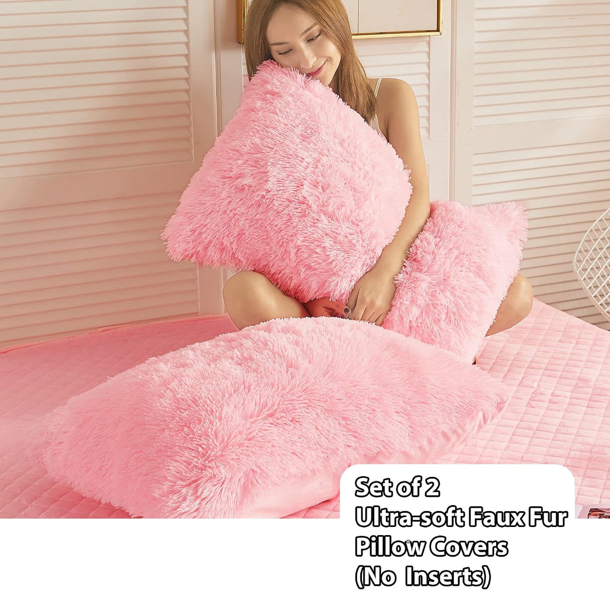 Fluffy Faux Fur Standard Pillow Cases Set of 2, Pink