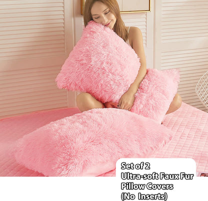 Fluffy Faux Fur Standard Pillow Cases Set of 2, Pink