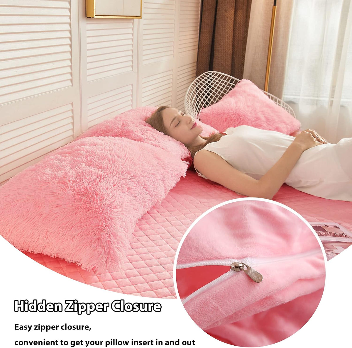 Fluffy Faux Fur Standard Pillow Cases Set of 2, Pink