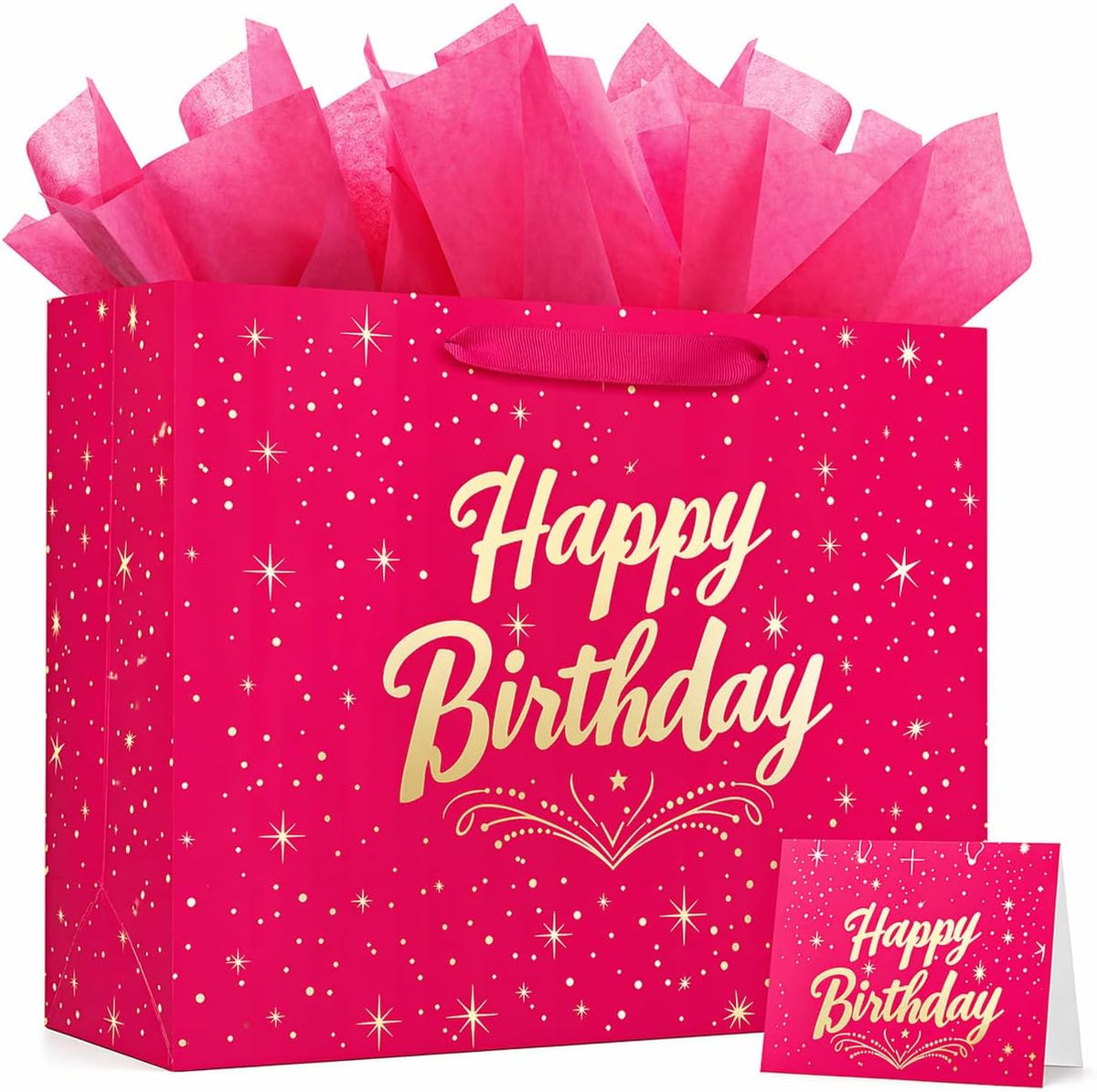 13" Pink Happy Birthday Gift Bag with Greeting Card and Tissue Papers, Happy Birthday Bag for Women Girls Party, Gift Bags Medium size(1 PCS Pink Hot Stamping)