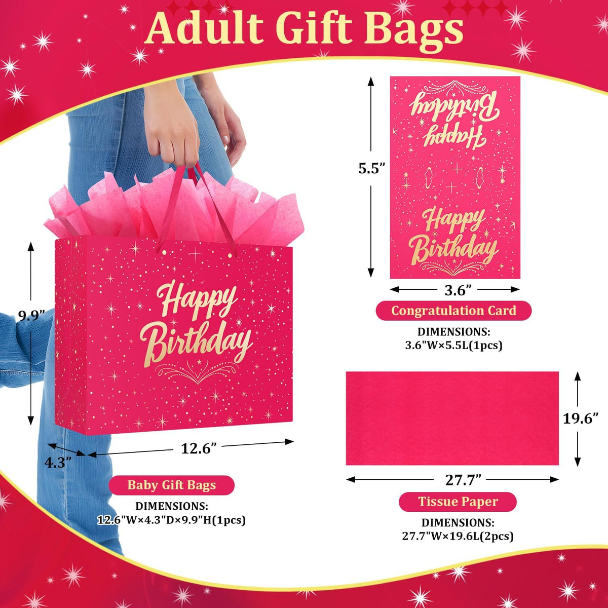 13" Pink Happy Birthday Gift Bag with Greeting Card and Tissue Papers, Happy Birthday Bag for Women Girls Party, Gift Bags Medium size(1 PCS Pink Hot Stamping)