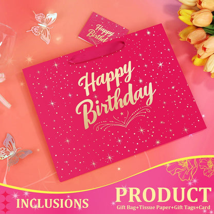 13" Pink Happy Birthday Gift Bag with Greeting Card and Tissue Papers, Happy Birthday Bag for Women Girls Party, Gift Bags Medium size(1 PCS Pink Hot Stamping)