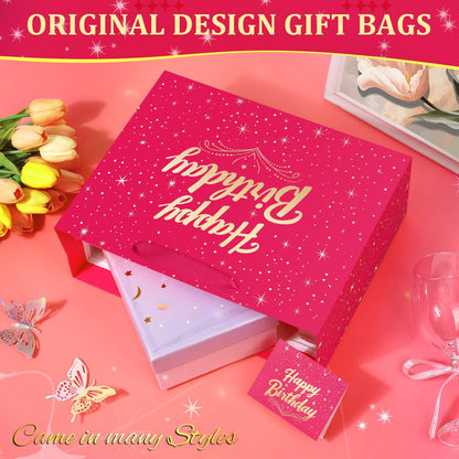 13" Pink Happy Birthday Gift Bag with Greeting Card and Tissue Papers, Happy Birthday Bag for Women Girls Party, Gift Bags Medium size(1 PCS Pink Hot Stamping)