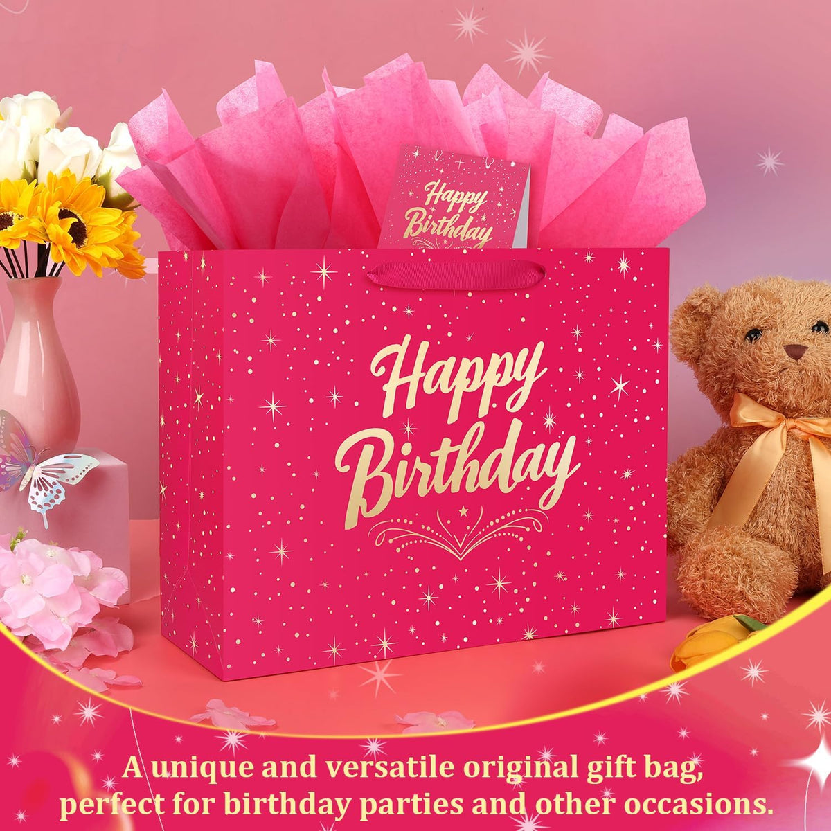 13" Pink Happy Birthday Gift Bag with Greeting Card and Tissue Papers, Happy Birthday Bag for Women Girls Party, Gift Bags Medium size(1 PCS Pink Hot Stamping)