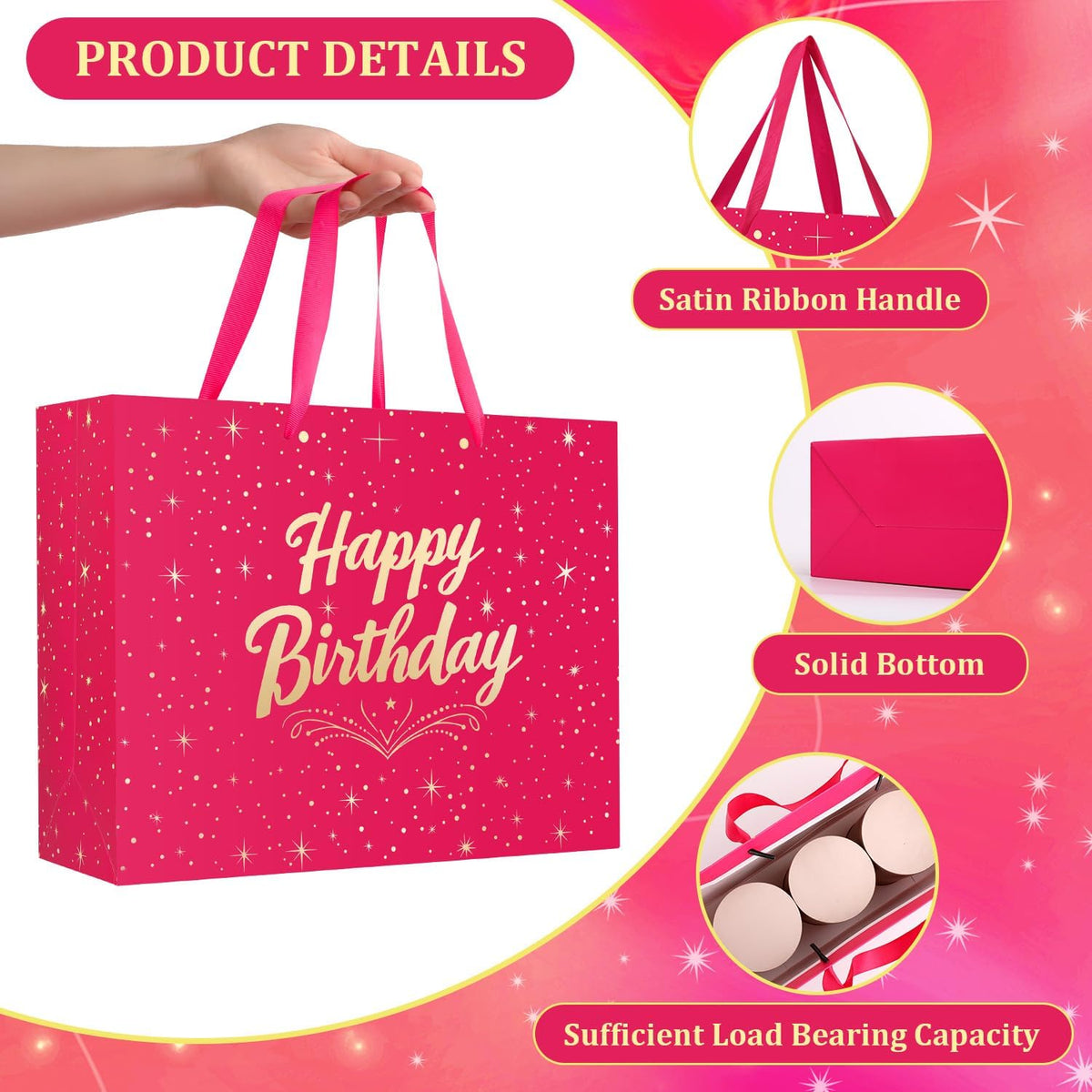 13" Pink Happy Birthday Gift Bag with Greeting Card and Tissue Papers, Happy Birthday Bag for Women Girls Party, Gift Bags Medium size(1 PCS Pink Hot Stamping)