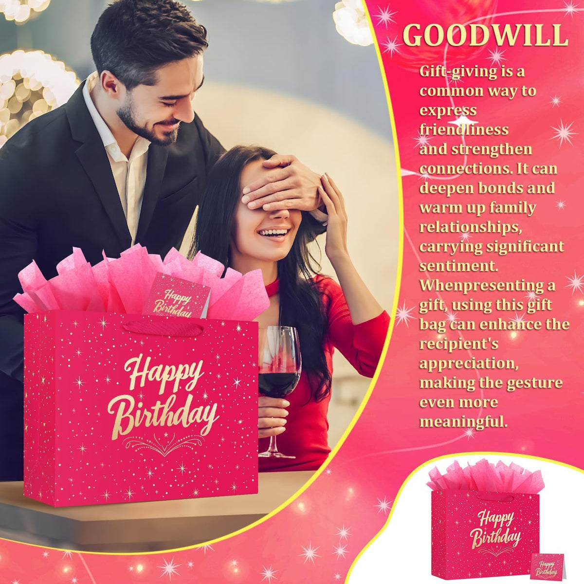 13" Pink Happy Birthday Gift Bag with Greeting Card and Tissue Papers, Happy Birthday Bag for Women Girls Party, Gift Bags Medium size(1 PCS Pink Hot Stamping)