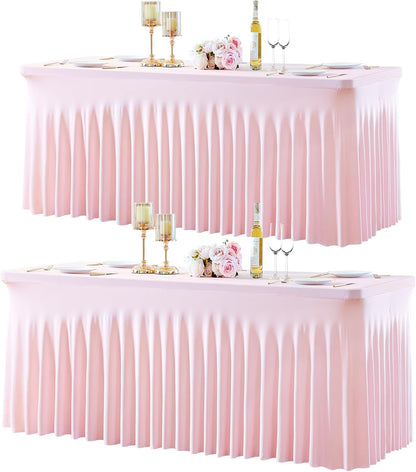 2 Pack Spandex Pink Fitted Table Cloth for 6ft Rectangle Tables Pink Stretch Tablecloth Table Covers Skirt Banquet Tablecloths Wrinkle Free Tablecloth for Parties Wedding