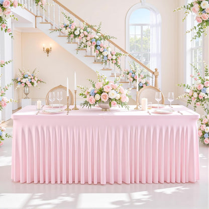 2 Pack Spandex Pink Fitted Table Cloth for 6ft Rectangle Tables Pink Stretch Tablecloth Table Covers Skirt Banquet Tablecloths Wrinkle Free Tablecloth for Parties Wedding