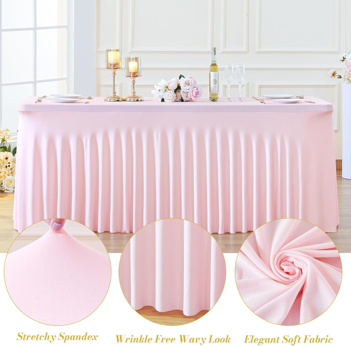 2 Pack Spandex Pink Fitted Table Cloth for 6ft Rectangle Tables Pink Stretch Tablecloth Table Covers Skirt Banquet Tablecloths Wrinkle Free Tablecloth for Parties Wedding