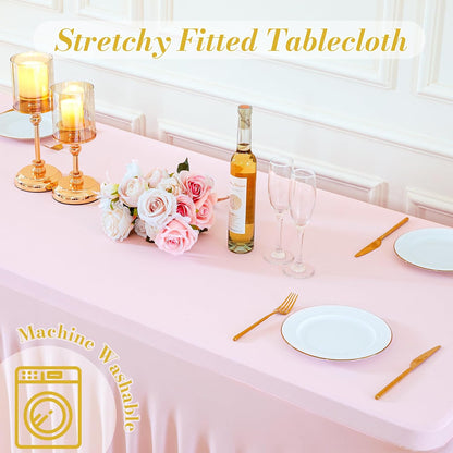 2 Pack Spandex Pink Fitted Table Cloth for 6ft Rectangle Tables Pink Stretch Tablecloth Table Covers Skirt Banquet Tablecloths Wrinkle Free Tablecloth for Parties Wedding
