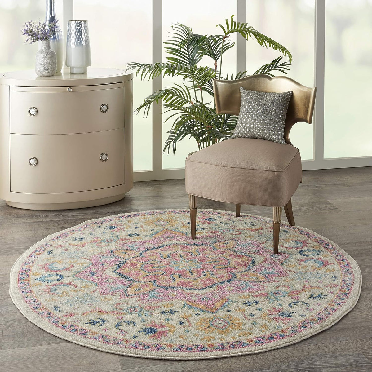 Passion Ivory Pink 4' x Round Area Rug - Easy Clean, Non Shedding, Bed Room, Living Room, Dining Room, Kitchen (4' x Round)