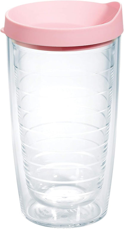 Tervis Clear & Colorful Lidded Made in USA Double Walled Insulated Tumbler Travel Cup Keeps Drinks Cold & Hot, 16oz, Pink Lid