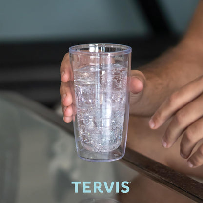 Tervis Clear & Colorful Lidded Made in USA Double Walled Insulated Tumbler Travel Cup Keeps Drinks Cold & Hot, 16oz, Pink Lid