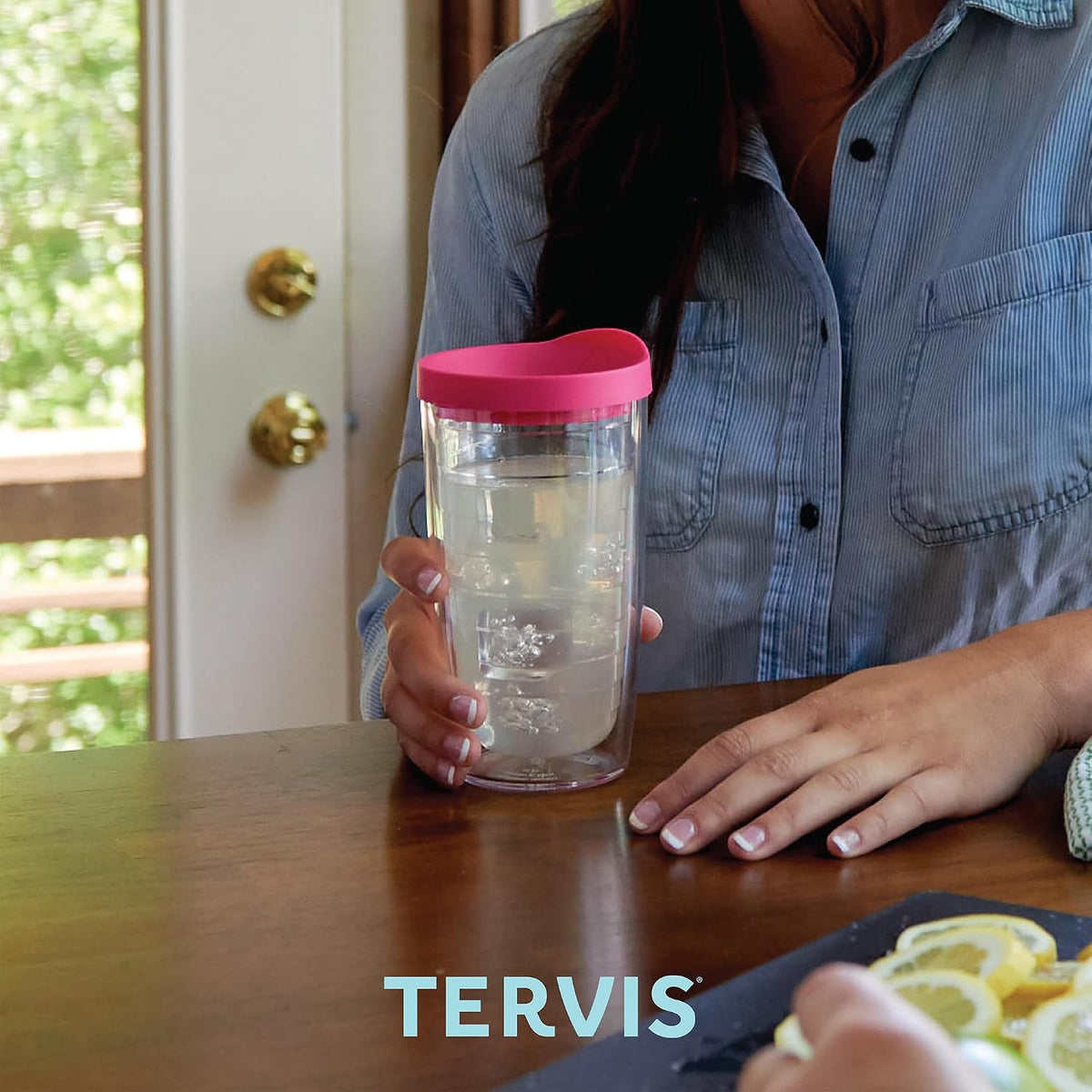 Tervis Clear & Colorful Lidded Made in USA Double Walled Insulated Tumbler Travel Cup Keeps Drinks Cold & Hot, 16oz, Pink Lid