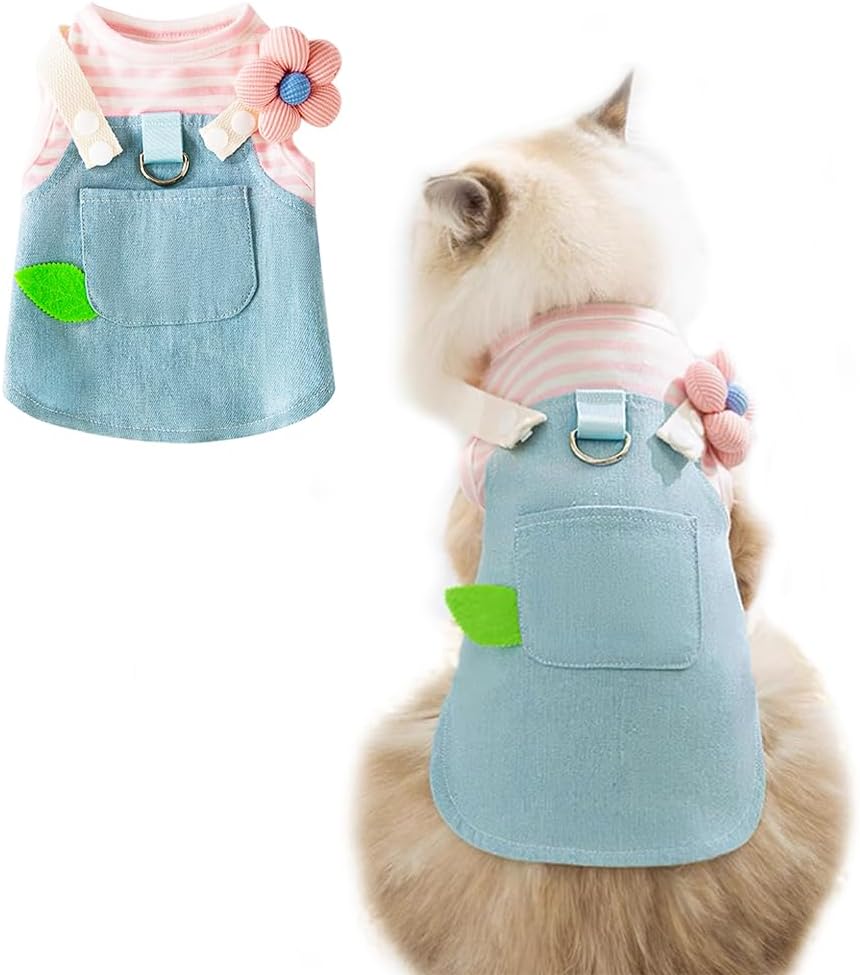 Denim Small Puppy Dress 3D Flowers Girl Dog Clothes with D-Ring and Pocket Striped Female Cat Harness Dresses Shih Tzu Yorkies Chihuahua Outfits Summer Pet Clothing (Large, 3D Pink Flowers)