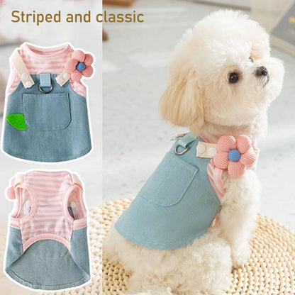 Denim Small Puppy Dress 3D Flowers Girl Dog Clothes with D-Ring and Pocket Striped Female Cat Harness Dresses Shih Tzu Yorkies Chihuahua Outfits Summer Pet Clothing (Large, 3D Pink Flowers)