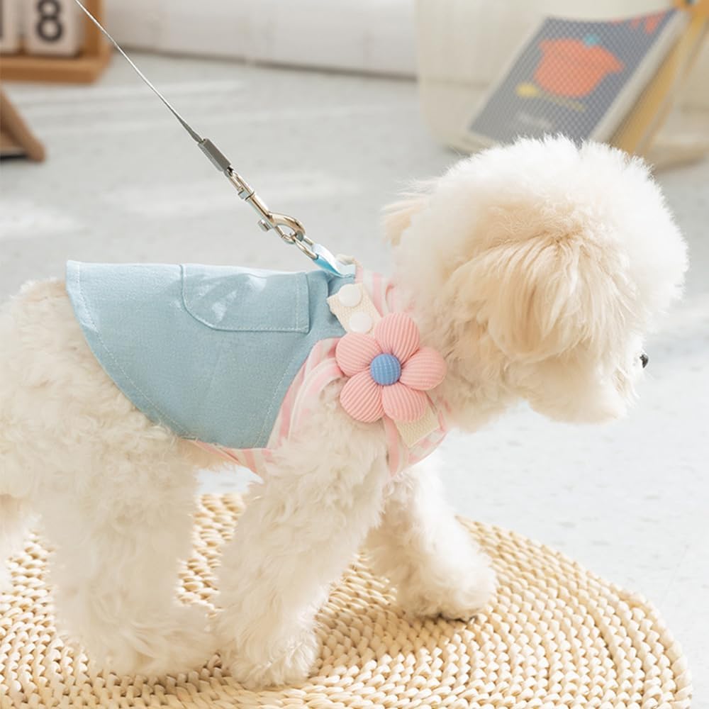 Denim Small Puppy Dress 3D Flowers Girl Dog Clothes with D-Ring and Pocket Striped Female Cat Harness Dresses Shih Tzu Yorkies Chihuahua Outfits Summer Pet Clothing (Large, 3D Pink Flowers)