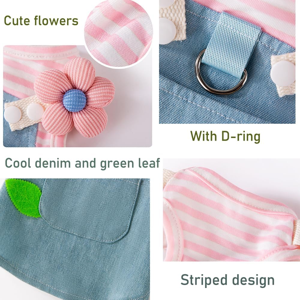 Denim Small Puppy Dress 3D Flowers Girl Dog Clothes with D-Ring and Pocket Striped Female Cat Harness Dresses Shih Tzu Yorkies Chihuahua Outfits Summer Pet Clothing (Large, 3D Pink Flowers)