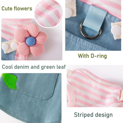 Denim Small Puppy Dress 3D Flowers Girl Dog Clothes with D-Ring and Pocket Striped Female Cat Harness Dresses Shih Tzu Yorkies Chihuahua Outfits Summer Pet Clothing (Large, 3D Pink Flowers)