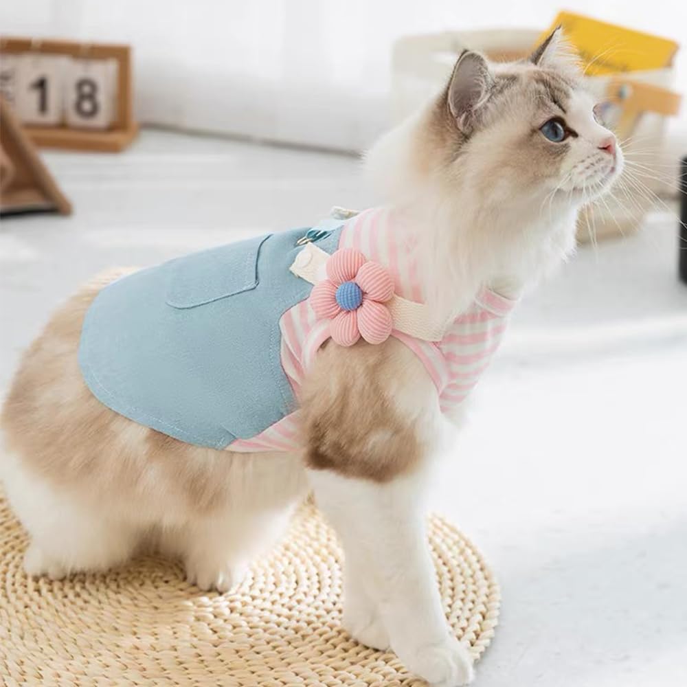 Denim Small Puppy Dress 3D Flowers Girl Dog Clothes with D-Ring and Pocket Striped Female Cat Harness Dresses Shih Tzu Yorkies Chihuahua Outfits Summer Pet Clothing (Large, 3D Pink Flowers)