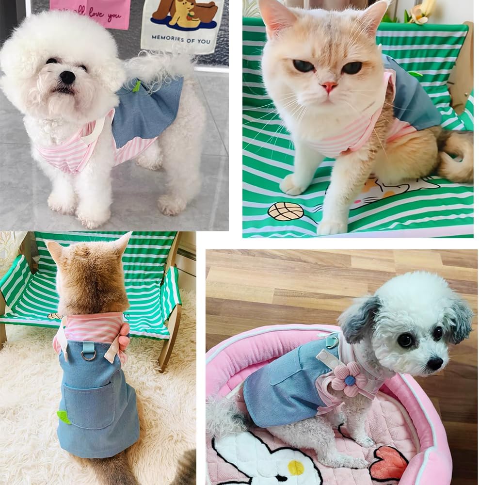 Denim Small Puppy Dress 3D Flowers Girl Dog Clothes with D-Ring and Pocket Striped Female Cat Harness Dresses Shih Tzu Yorkies Chihuahua Outfits Summer Pet Clothing (Large, 3D Pink Flowers)