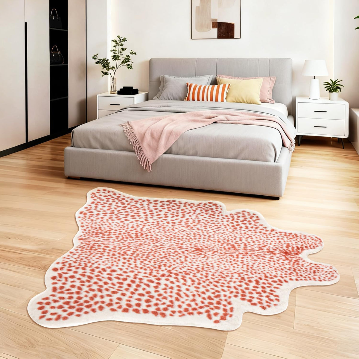 Leopard Rug, Pink Cheetah Print Rug 5.2x6.8ft Faux Cowhide Animal Fur Skin Printed Hide Cheetah Area Rugs Carpet for Bedroom Livingroom Home