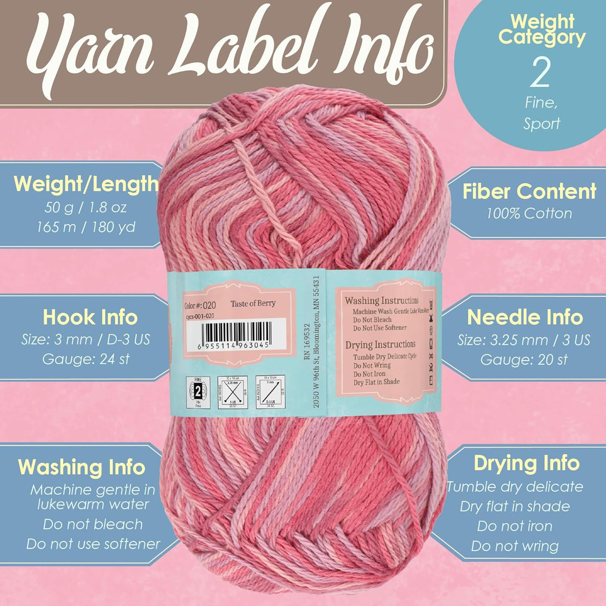 JubileeYarn Cotton Select Yarn - Shades of Pink - 4 Skeins