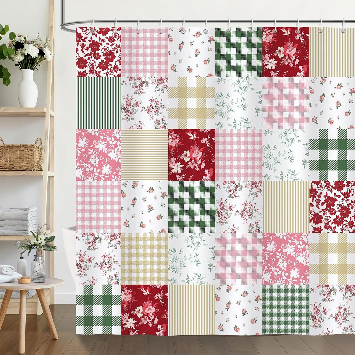 Cute Checkered Floral Shower Curtain, Boho Pink Green Patchwork Flower Plaid Retro Shower Curtain for Bathroom Waterproof Polyester Fabric with 12 Hooks, 72 x 72 Inches