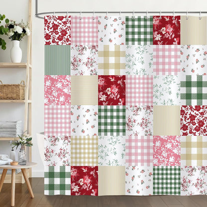 Cute Checkered Floral Shower Curtain, Boho Pink Green Patchwork Flower Plaid Retro Shower Curtain for Bathroom Waterproof Polyester Fabric with 12 Hooks, 72 x 72 Inches
