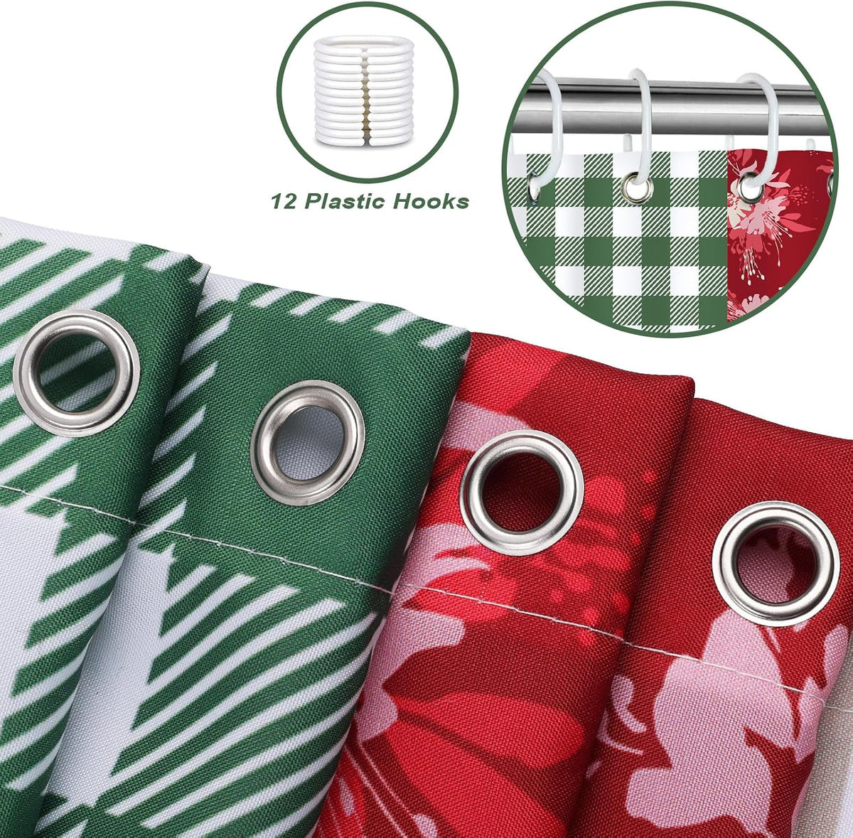 Cute Checkered Floral Shower Curtain, Boho Pink Green Patchwork Flower Plaid Retro Shower Curtain for Bathroom Waterproof Polyester Fabric with 12 Hooks, 72 x 72 Inches