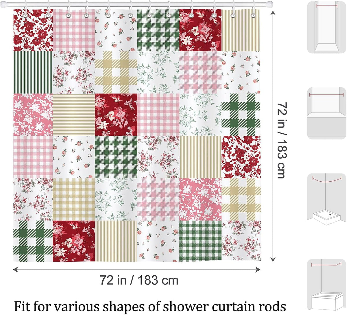 Cute Checkered Floral Shower Curtain, Boho Pink Green Patchwork Flower Plaid Retro Shower Curtain for Bathroom Waterproof Polyester Fabric with 12 Hooks, 72 x 72 Inches