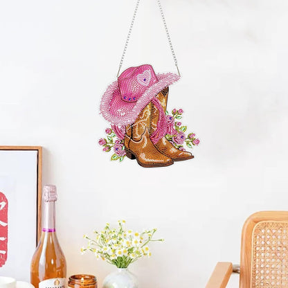Hanging Diamonds Art kit for Adult,Pink Boots Pendant Diamonds Painting Art Kit,7.6x7.6inch Acrylic Diamonds Painting Board Kit Ornament, Special Crystal Diamond Hanging Ornament