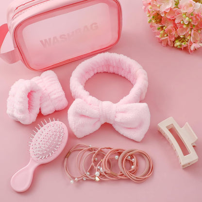 15 PCS Women Spa Headband and Wristband Set for Washing Face, Skincare Makeup Headband Women and Teen Girl Gifts Trendy Stuff（Pink）