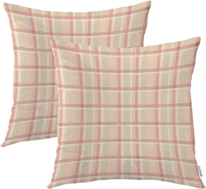 Pastel Coral Peach Linen Throw Pillow Covers, Pink Tartan Plaid Abstract Apricot Cushion Covers Colorfast Digital Printing Water Resistant for Outdoor/Indoor Invisible Zipper 16X16 in