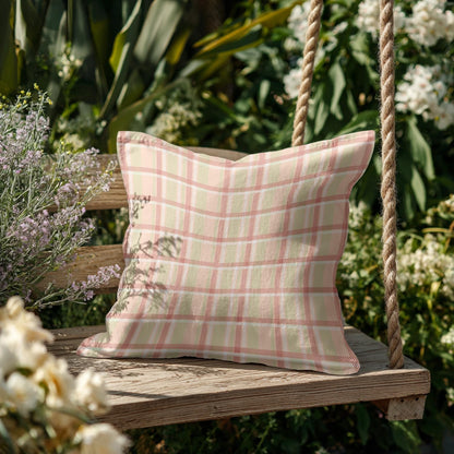 Pastel Coral Peach Linen Throw Pillow Covers, Pink Tartan Plaid Abstract Apricot Cushion Covers Colorfast Digital Printing Water Resistant for Outdoor/Indoor Invisible Zipper 16X16 in
