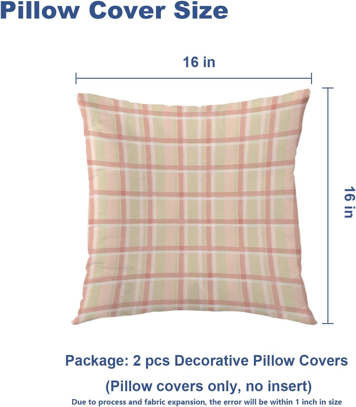 Pastel Coral Peach Linen Throw Pillow Covers, Pink Tartan Plaid Abstract Apricot Cushion Covers Colorfast Digital Printing Water Resistant for Outdoor/Indoor Invisible Zipper 16X16 in
