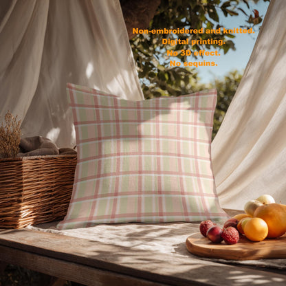 Pastel Coral Peach Linen Throw Pillow Covers, Pink Tartan Plaid Abstract Apricot Cushion Covers Colorfast Digital Printing Water Resistant for Outdoor/Indoor Invisible Zipper 16X16 in