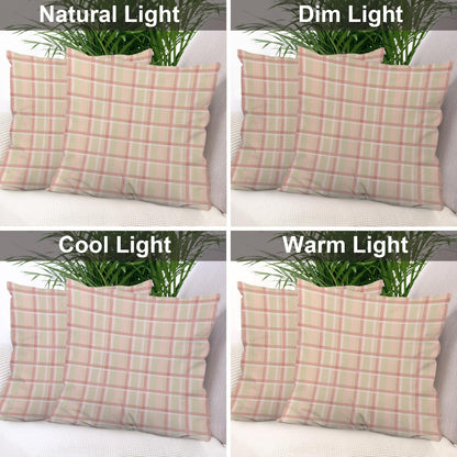Pastel Coral Peach Linen Throw Pillow Covers, Pink Tartan Plaid Abstract Apricot Cushion Covers Colorfast Digital Printing Water Resistant for Outdoor/Indoor Invisible Zipper 16X16 in